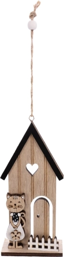 Hanging wooden decoration – house with cat, beige