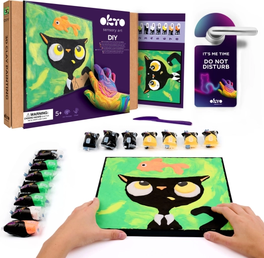 Okto Black Cat with a Fish – paint-by-numbers air clay art kit 29 × 29 cm