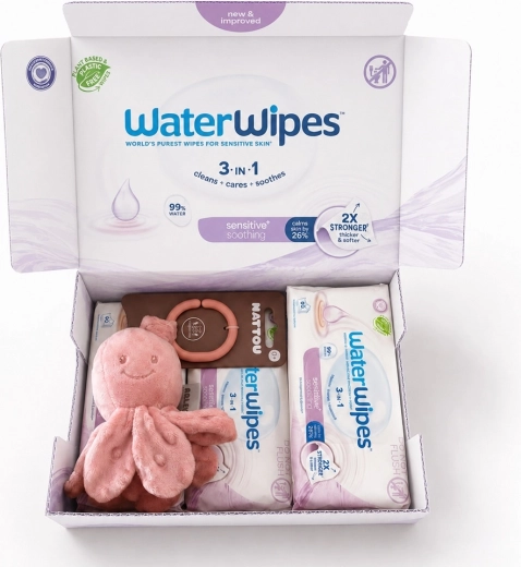 WaterWipes Soothing Clean 3v1 niisked salvrätikud 4×60 tk (240 tk) + Nattou vibreeriv kaheksajalg tasuta