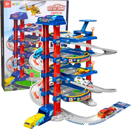 Suur mitmekorruseline parklamaja elektrilise lifti ja autoteega