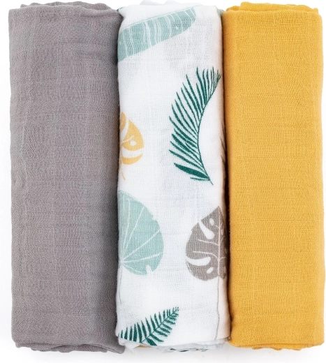 Petite&Mars bambusmusliinmähkmete komplekt Moussy ochre leaves 3 tk 68 × 68 cm