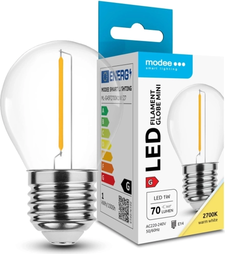 Modee LED filament mini bulb G45 1W E27, warm white 2700K, 70 lm
