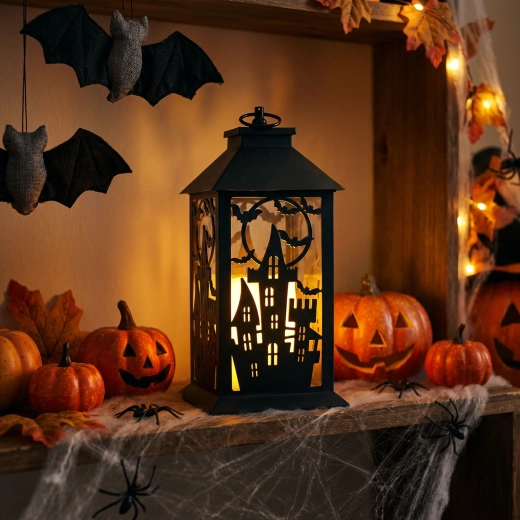 Patareitoitel vilkuv Halloweeni latern lossiga