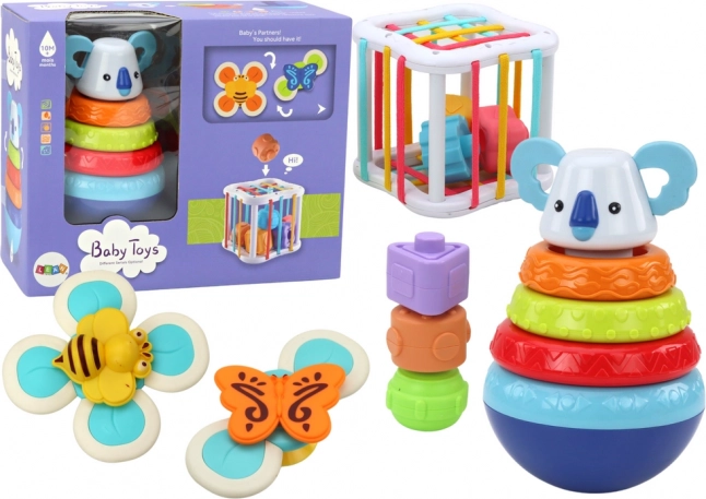 Sensory toy set for babies – koala stacking tower, educational cube and spinners