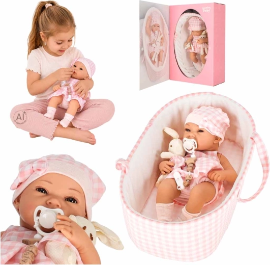 Beebinukk 38 cm kandekorvi ja plüüsjänesega, roosa