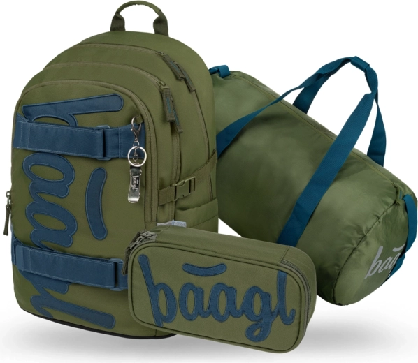 Baagl Set 3 Skate Olive – school backpack, pencil case and foldable sports bag GRS