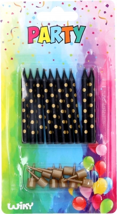 Candles with holders and gold dots, 10 pcs