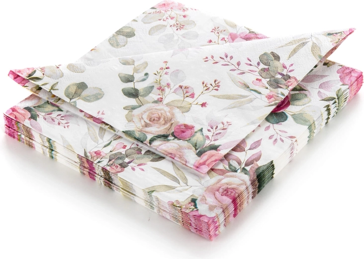 Pabersalvrätikud roosidega Pink Rose 33 × 33 cm, 3-kihilised, 20 tk