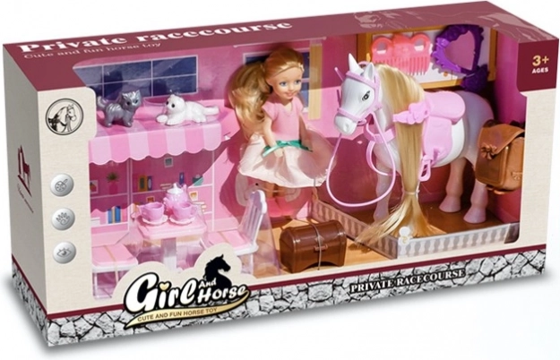 Mängukomplekt nukuga, hobusega ja kassipoegadega