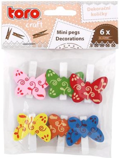 Wooden decorative clips with butterflies, 6 pcs
