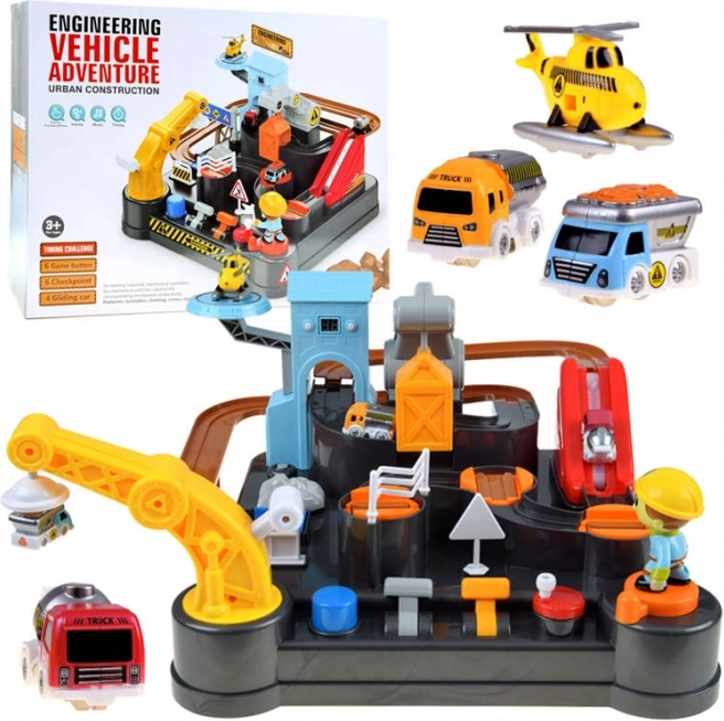 Mechanical construction track with cars and a helicopter