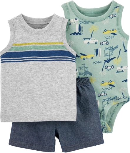 Carter's 3-osaline komplekt poisile – varrukateta bodi, särk ja hallid autodega lühikesed püksid (6 m)