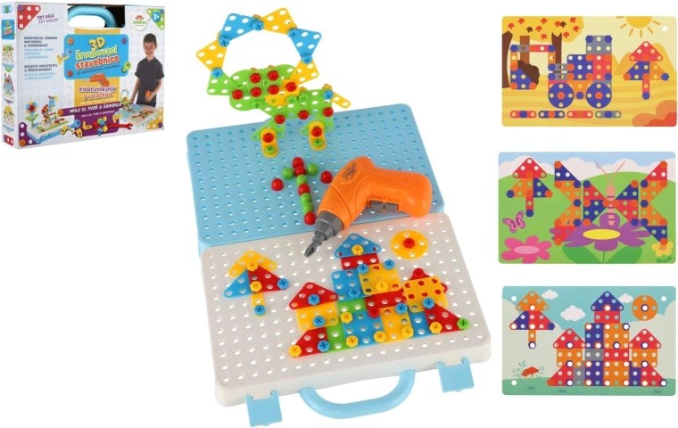 Creative 3D screw-together building set in a carry case with a drill and templates