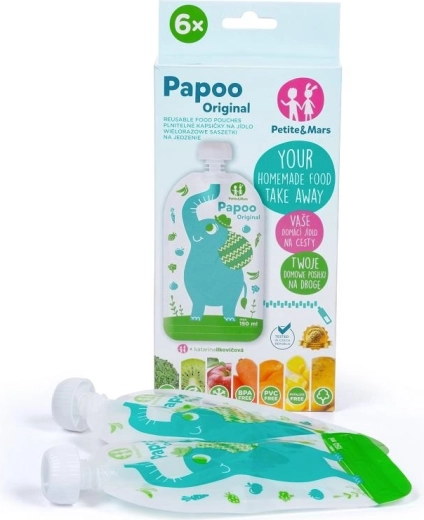 Petite&Mars korduvkasutatavad toidupüreed kotikesed Papoo elevant 150 ml (6 tk)