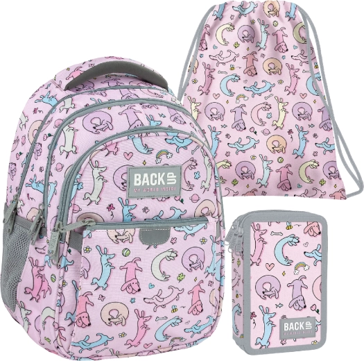 BackUP Cute Dogs koolikomplekt 3in1 – seljakott, varustatud pinal ja kott