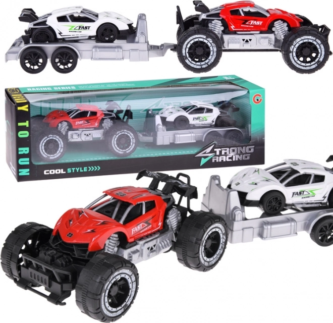 Maastikuauto haagise ja sportautoga