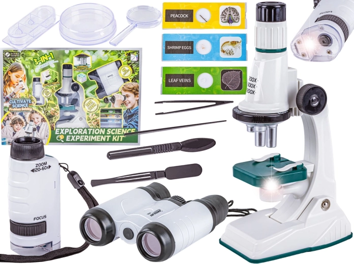 Hariv teaduskomplekt 3-in-1: mikroskoop, binokkel ja taskuluup kuni 1200×
