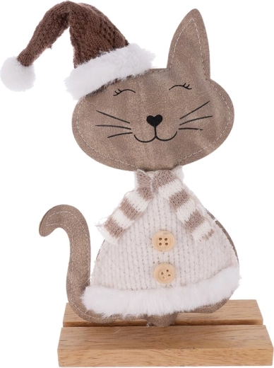 Christmas decoration: wooden cat with faux fur