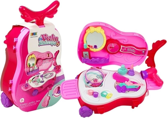 Toilet Table in Violin-Shaped Suitcase with Wheels and Mirror