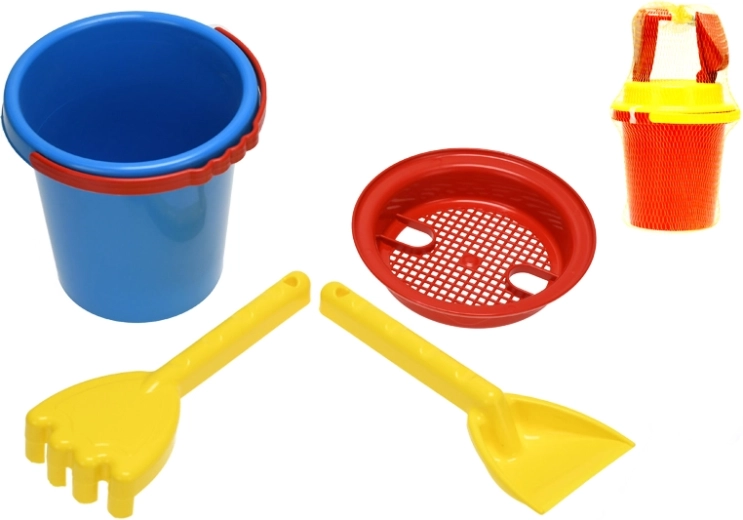 Laste liivakomplekt võrgus (ämber, sõel, kühvel, reha) 14 cm