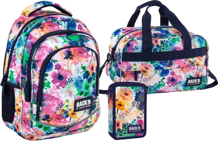Koolikomplekt BackUP Spring Flowers 3in1 – seljakott, varustatud pinal ja spordikott