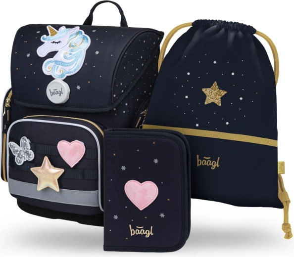 Koolikomplekt BAAGL Ergo Unicorn Gold – ranits, pinal ja kott