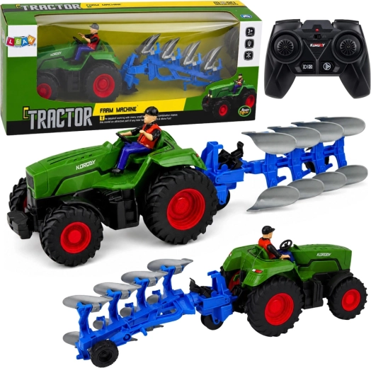 Green RC farm tractor with plow and farmer 1:24