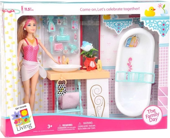 Barbie-tüüpi nukk vannitoamööbli ja tarvikutega