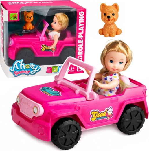 Mini nukk roosas maastikukabrioletis koos koeraga
