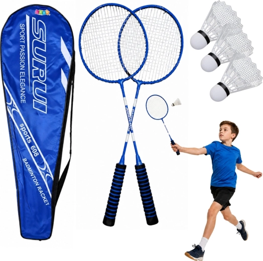 Badminton set with 2 rackets, 3 shuttlecocks and a case – blue
