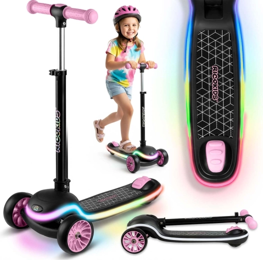 Laste 3‑rattaline tasakaalutõukeratas LED‑valgustusega RICOKIDS Leddi – must‑roosa