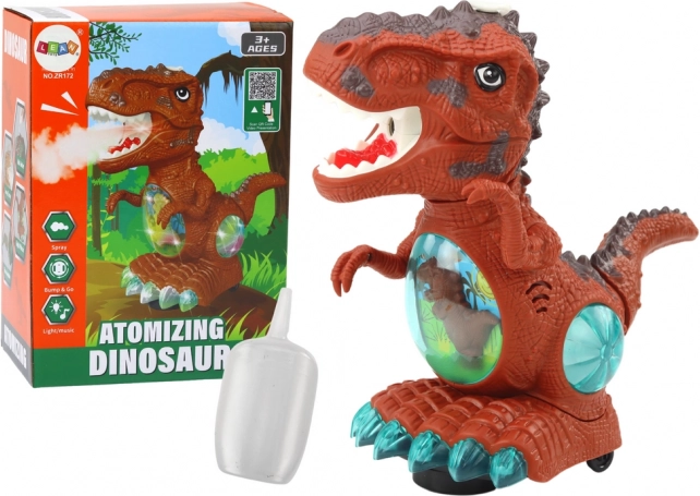 Tantsiv pruun dinosaurus takistuseanduriga, valgus- ja heliefektidega