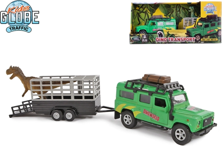Kids Globe Traffic maastikuauto LAND ROVER koos haagise ja dinosaurusega 28 cm, metall, tagasitõmme