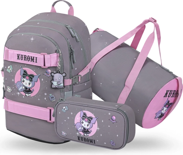 Baagl Set 3 Skate Kuromi Grey – school backpack, pencil case and sports bag (GRS)