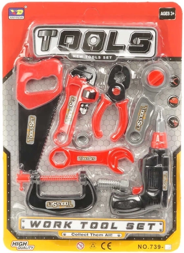 Children’s plastic set of work tools with a saw and drill