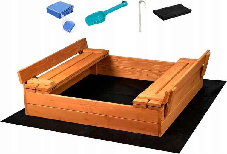 Wooden sandbox with lid and benches BABY MIX 100 × 100 cm