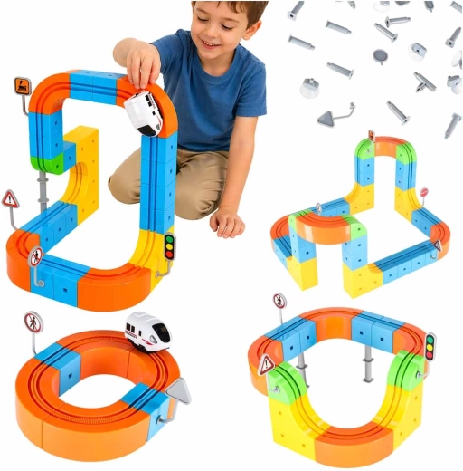 Magnetic building set – race track with train, 65 pieces