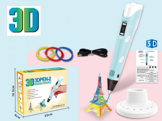 3D-pliiatsi komplekt filamentide ja USB-toitekaabliga