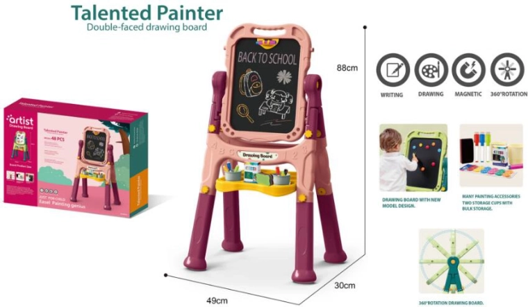 Laste kunstitahvel 48 tk – roosa, kahepoolne kriidi- ja magnettahvel