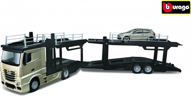 Bburago Street Fire veoauto haagisega Multicar Carrier Mercedes‑Benz Actros + VW Polo GTI 1:43