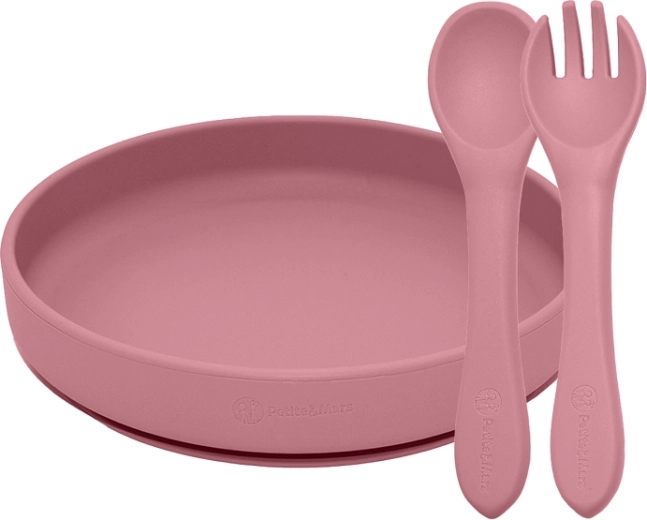 Petite&Mars Take&Match silikoonist söögikomplekt – iminapaga taldrik ja söögiriistad dusty rose (6k+)
