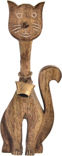 Hanging cat decoration made of mango wood with a bell
