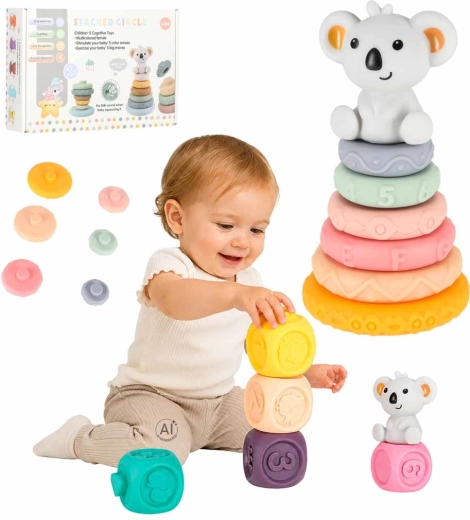 Soft sensory blocks and pyramid with a koala – educational stacking toy (13 pieces)