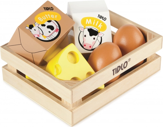 Tidlo puidust kast piimatoodete ja munadega