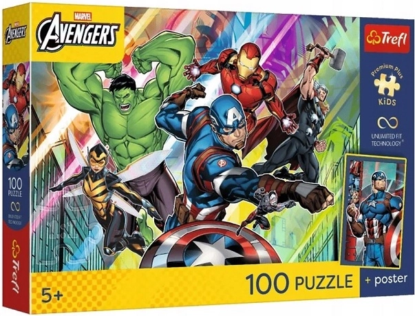 Trefl Marvel Avengers laste pusle 100 tükki „Jõud ja vägi“ koos plakatiga