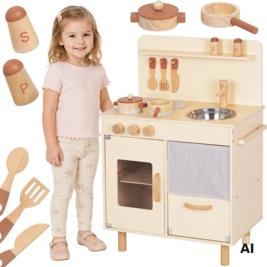 Wooden children’s kitchen set in beige with accessories TOOKY TOY