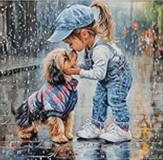 Teemantmaal – tüdruk koeraga vihmas 30 × 40 cm
