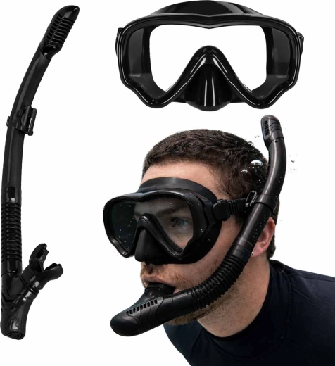 Snorgeldamiskomplekt – must panoraamklaasiga mask ja kuivsnorgel