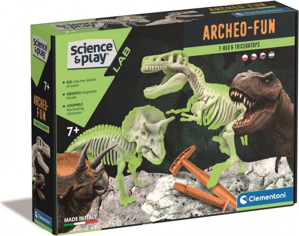 Clementoni Science & Play ArcheoFun: T‑Rex ja Triceratops – kaevamiskomplekt helendavate luustikega