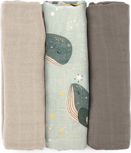 Petite&Mars bambusest musliinmähkmed Moussy Whale Song 68 × 68 cm, 3 tk